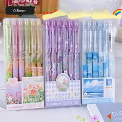 6 Stuks Uitwisbare Gel Pennen Romantische Bloemen Blauw Zwart Inkt Handtekening Pennen 0.5Mm Schattige Pennen Schrijfgereedschap Kantoor School