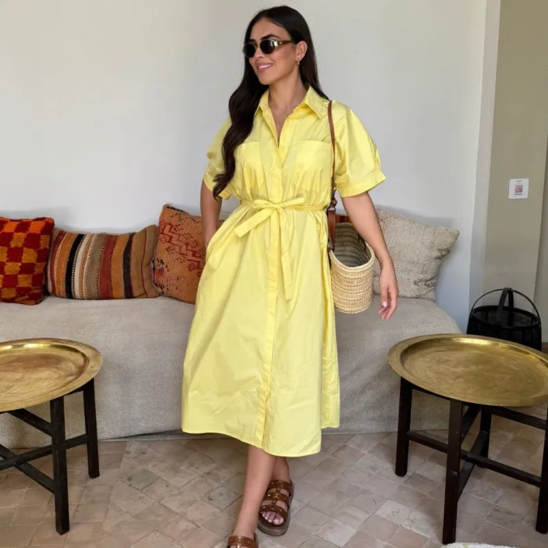 

Summer Elegant Solid Color Shirt Dress Women 2025 New Short Sleeve With Pockets Loose Casual Lace-up Commuter Ladies Midi Dress