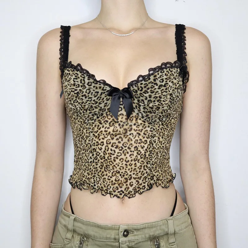 

Fashion Spice Girl Sexy Leopard Print Contrast Lace Bow Stitching Pure Desire Style Short Small Suspender Vest New Women’s Slim