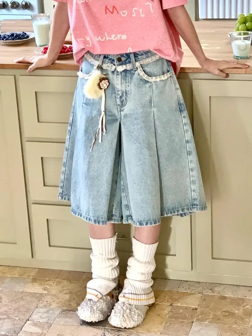 Summer Women Abi Harajuku Lace Jorts Wide Leg Jeans Shorts Kpop 2000s Stylish Denim Pants Grunge Y2k Japanese Streetwear Hip-pop
