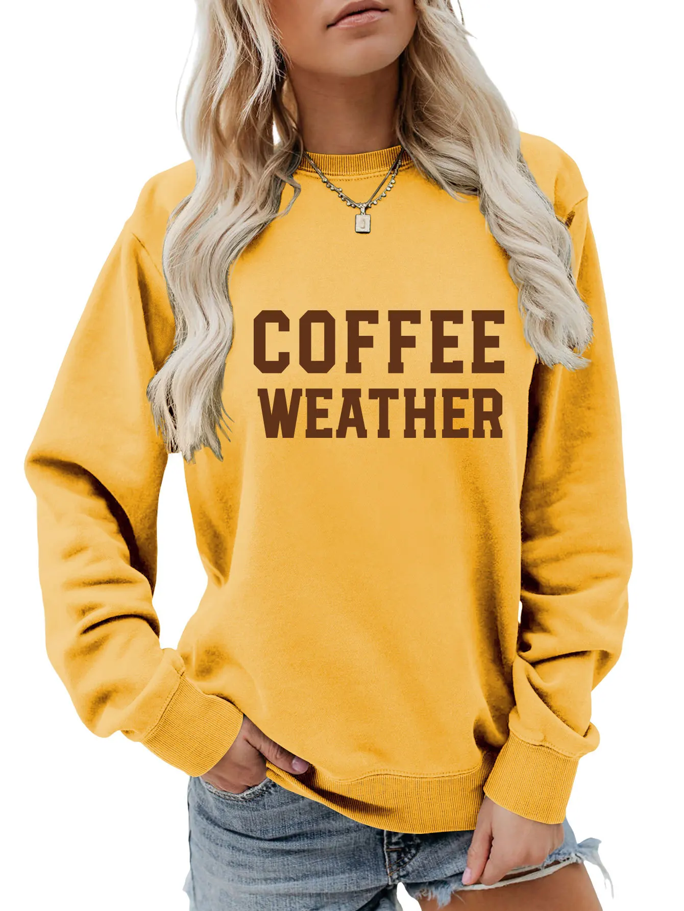 Autumn new long-sleeved T-shirt hoodie coffee weather color printed casual loose round neck top with ladies fashion pullover