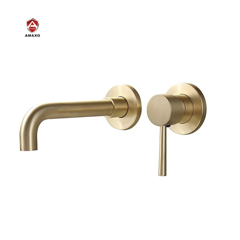 

Brass brush gold 2 hole wall mount basin mixer taps faucet