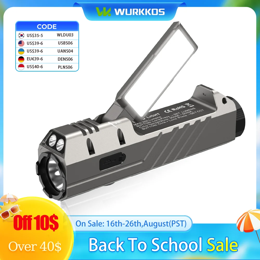 Wurkkos HD05 Leistungsstarke LED-Taschenlampe 3100LM IPX6 mit UV-Licht, rotem Licht, Seitenlicht, 5000mAh Akku, Magnetschalter für Camping
