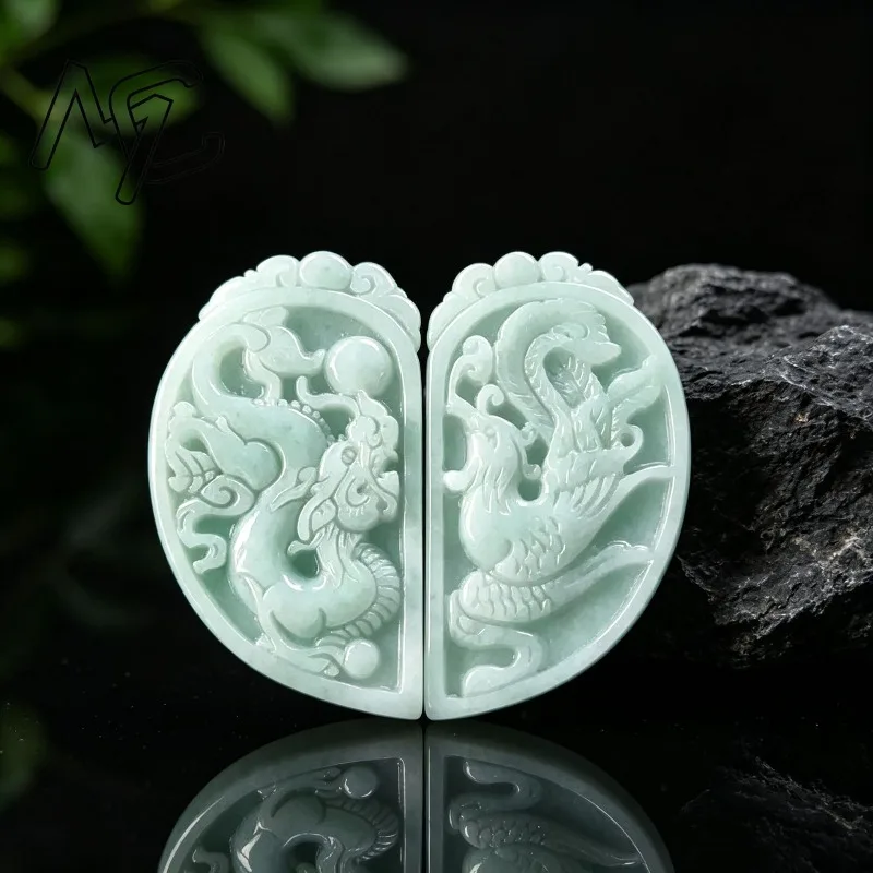 Certified A-Grade Natural Jadeite Dragon Phoenix Couple Pendant Hand Carved Burmese Jade Lucky Amulet Necklace Jewelry Gift - view 2