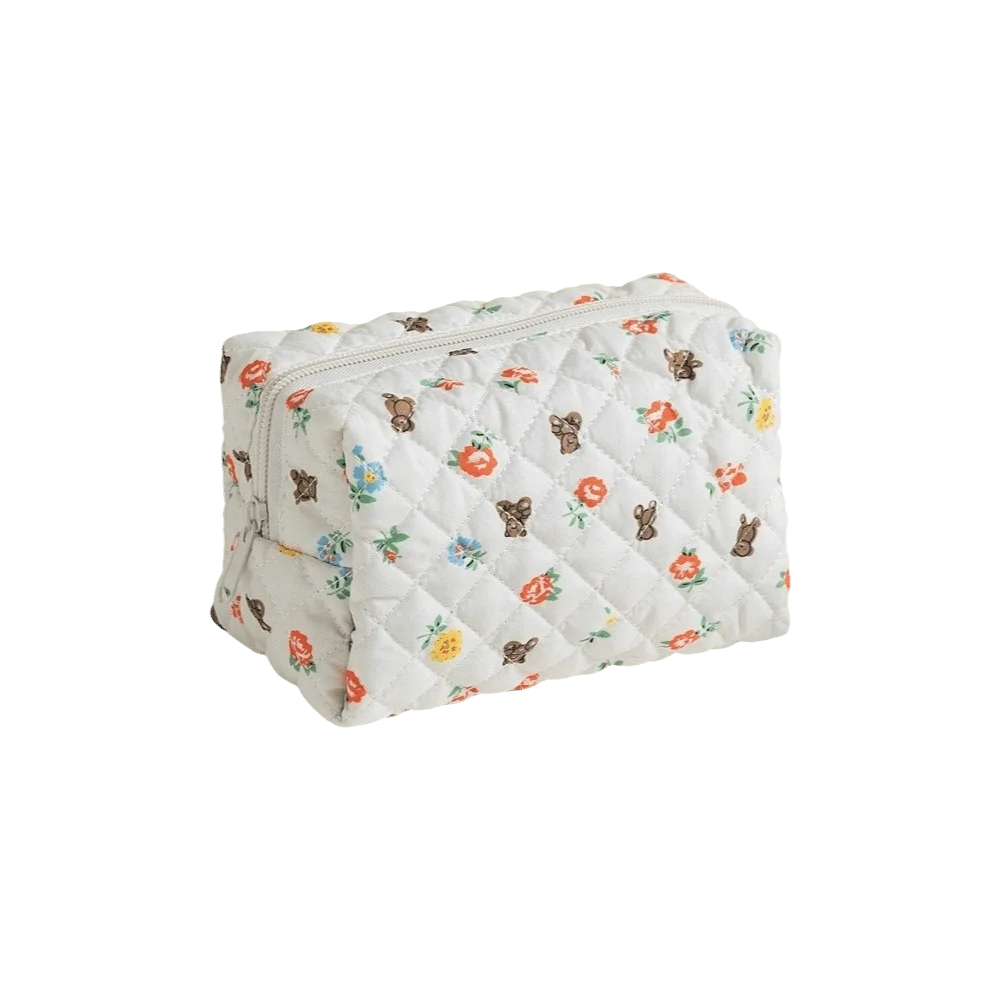 Aesthetic Quilted Makeup Bag Floral Print Portable Toiletry Bag Large Capacity elegant Cosmetic Bag Travel
