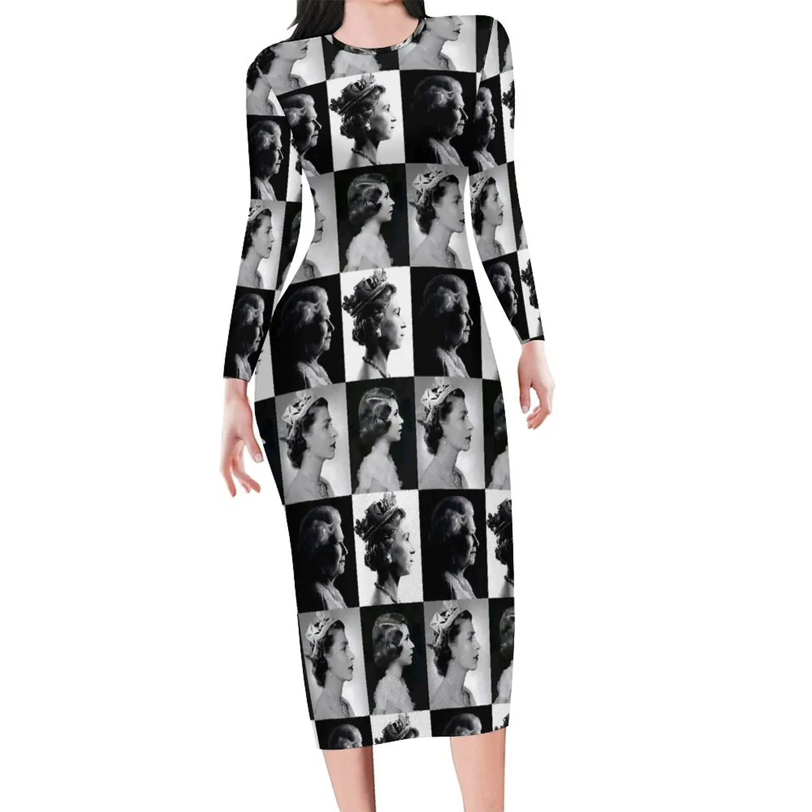 Elizabeth II Dress Women Four Face Print Street Fashion Bodycon Dress Autumn Long Sleeve Elegant Dresses Design Oversize Vestido