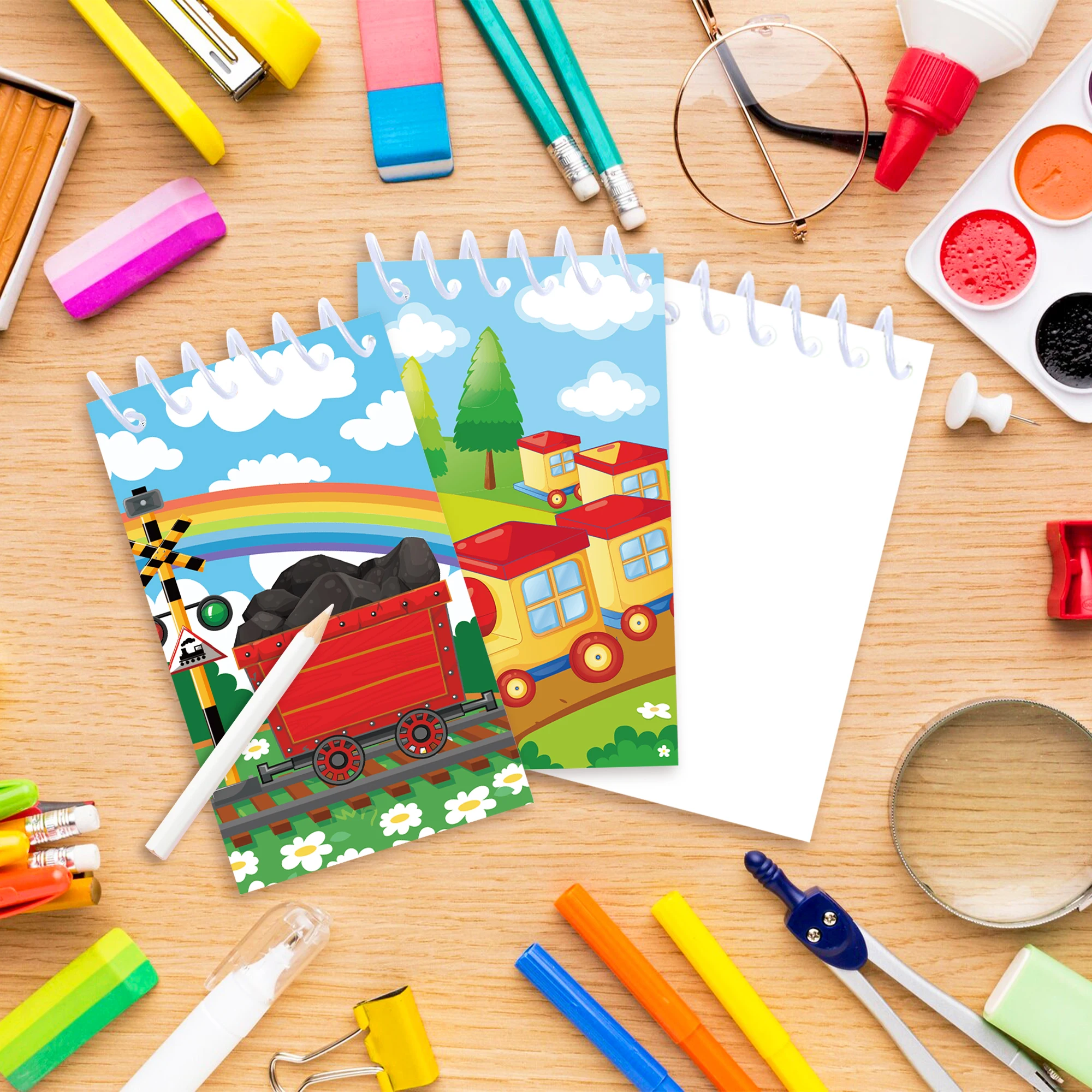 8/16/24pcs Kids Train Spiral Notepad Railway Rainbow Pattern Pocket Notebook for Train Birthday Party Supplies Classroom Rewards
