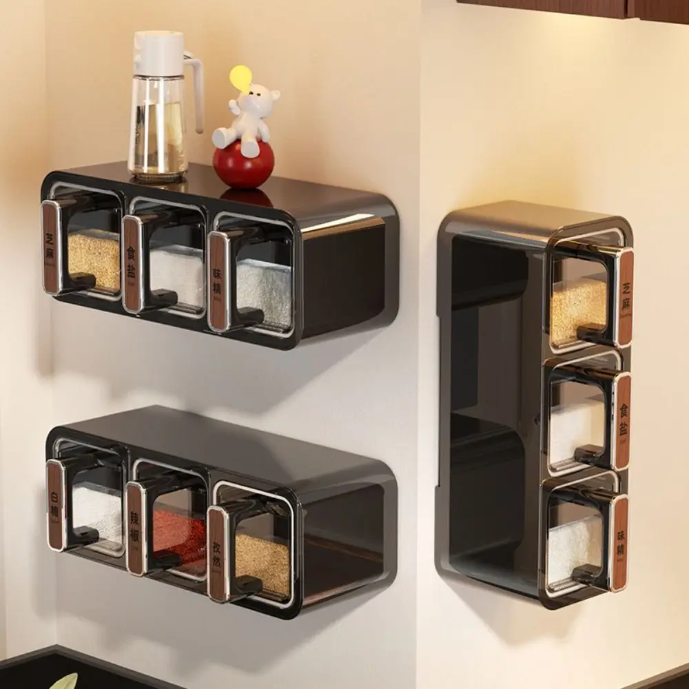 

Sealed Spice Storage Rack No Punch 2/3 Grids Kitchen Seasoning Jar Space Saving With Spoon Kitchen Storage Organizer