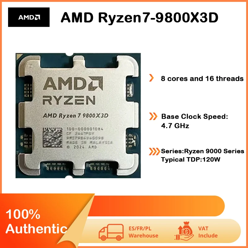 Processeur AMD Ryzen 7 9800 X3D 8 cœurs 16 threads 104 Mo de cache de jeu Fréquence d'accélération 5,2 GHz Neuf Original