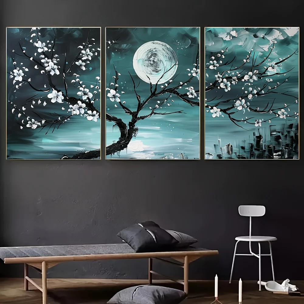 

3pcs/set Modern Landscape Canvas Poster Frameless Hand-painted White Flowers Tree Branches Oil Painting Background Home Decor