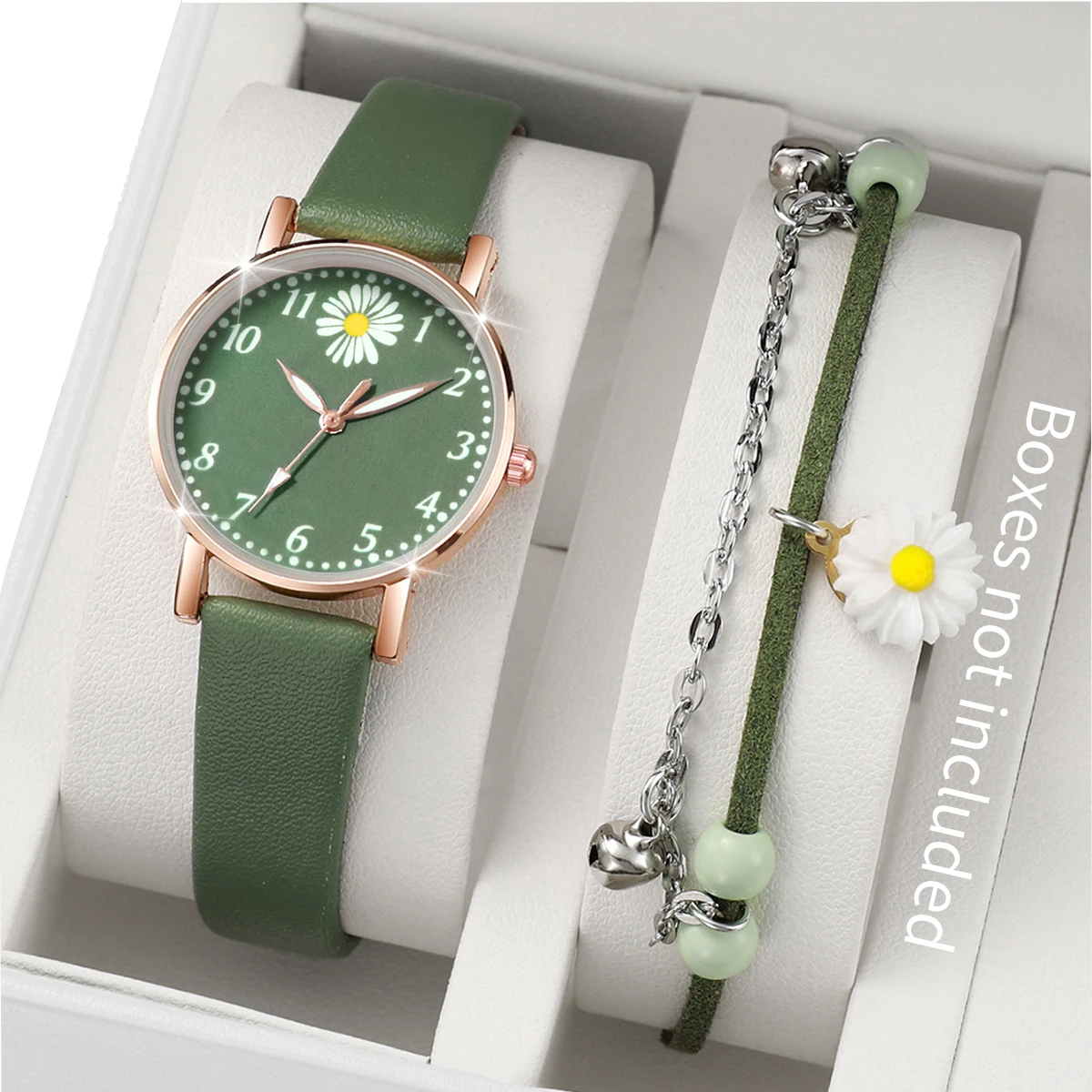 2Pcs/Set Fashion Women Girls Leather Strap Flower Quartz Watch & Bracelet Set