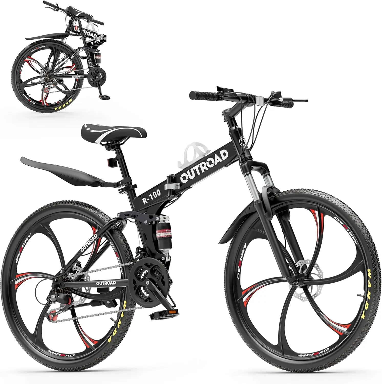 26 Inch Mountain Bike, 21 Speeds Full Suspension Folding Bikes, Dual Disc Brake, High Carbon Steel Frame and Non-Slip