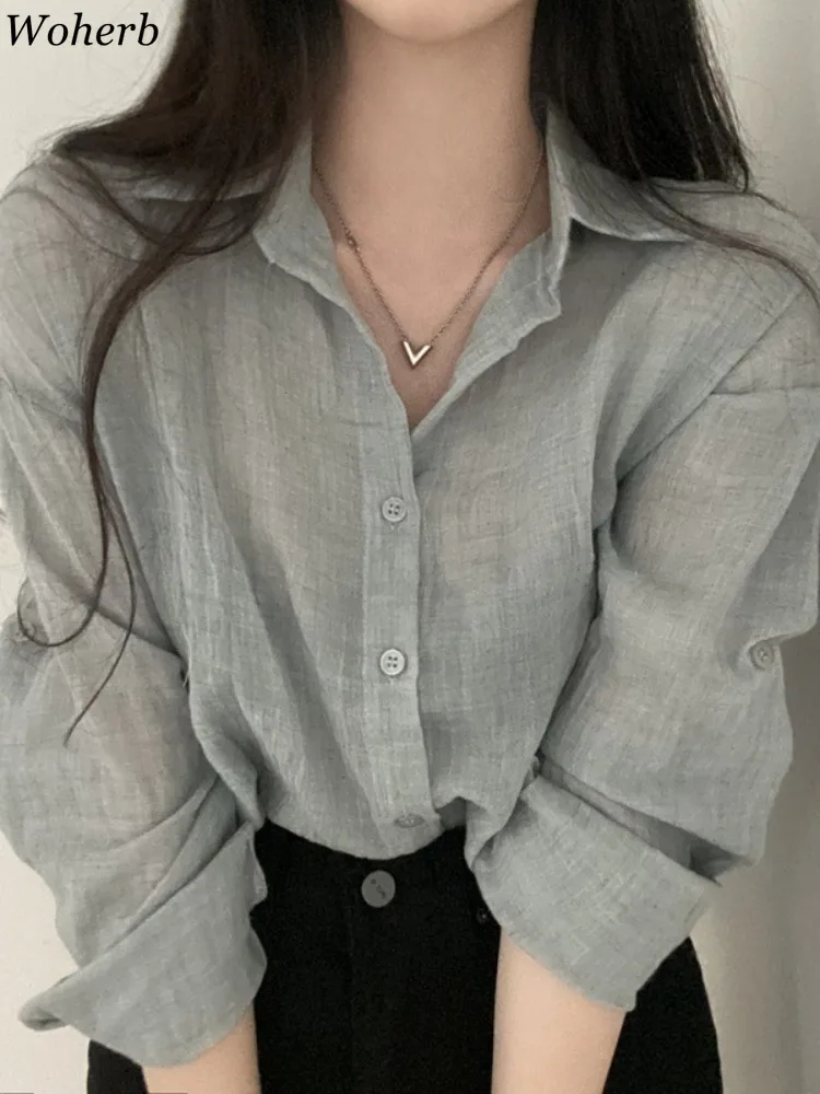 Summer Solid Blouse for Women Long Sleeve Loose Crop Tops 2024 Blusas Mujer De Moda Office Lady Casual Fashion Korean Blouses