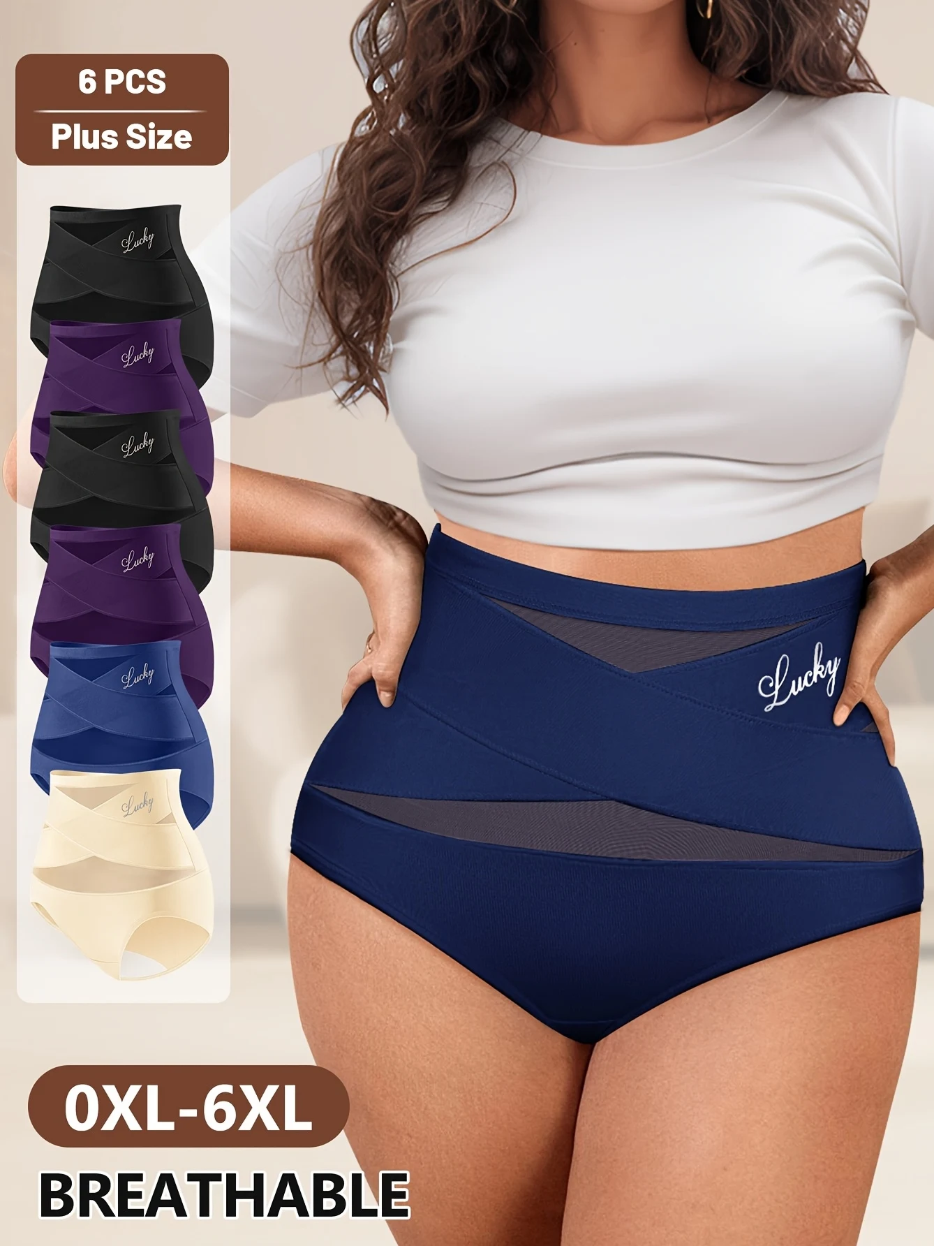 

6-Pack High-Waisted Shaping Women'S Underwear, Breathable Mesh, Cross-Shaping, Seamless, Triangle Panties for Body Sculpting And