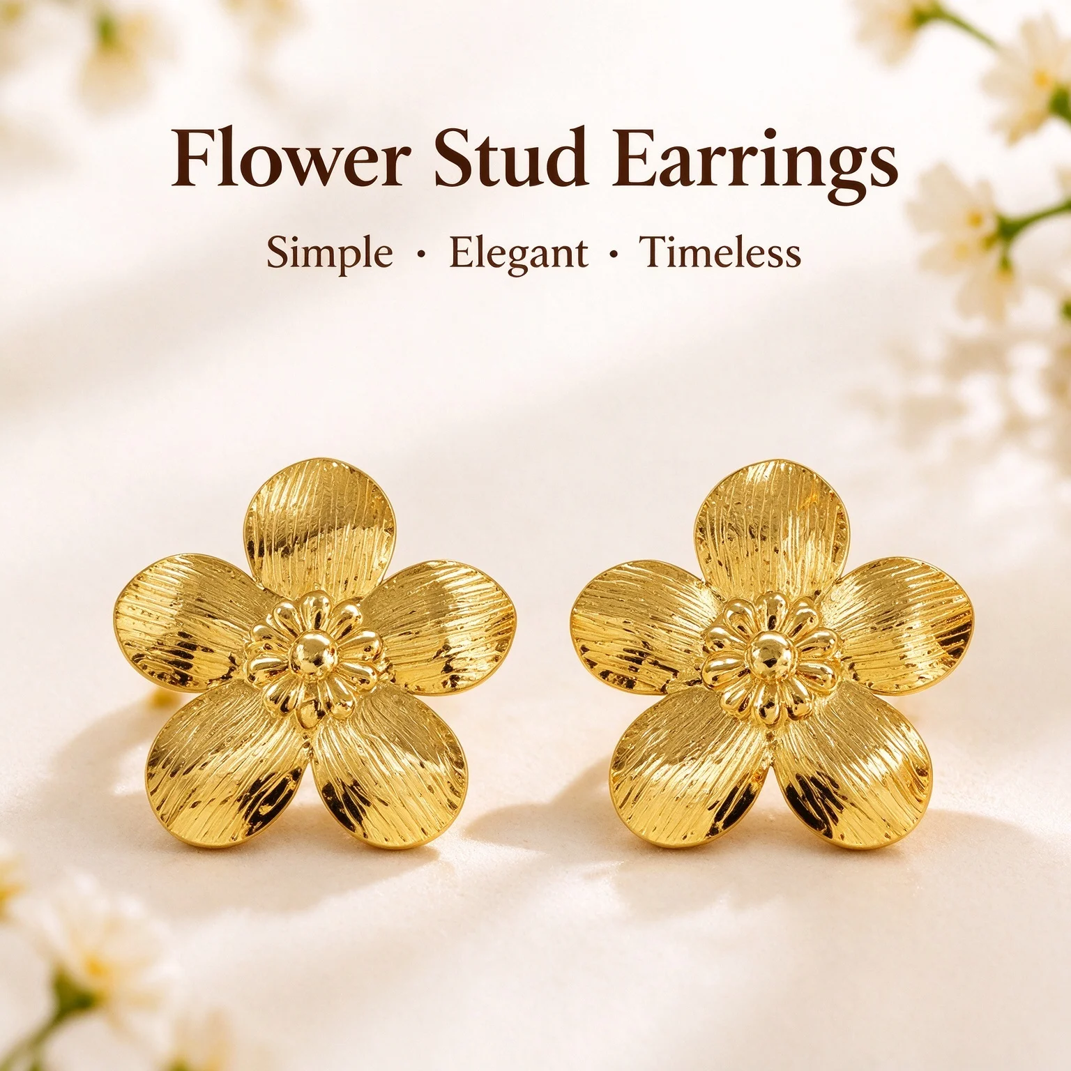 Gold Color Flower Stud Earrings for Women Textured Metal Floral Earrings Simple Elegant Vintage Daily Jewelry Gift