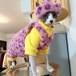 Winter Warm Fleece 4-legged Sweater Hat Suit for Sphynx Cat thick Blue Sleeveless Vest for Cat Soft Leopard Coat For Devon Rex