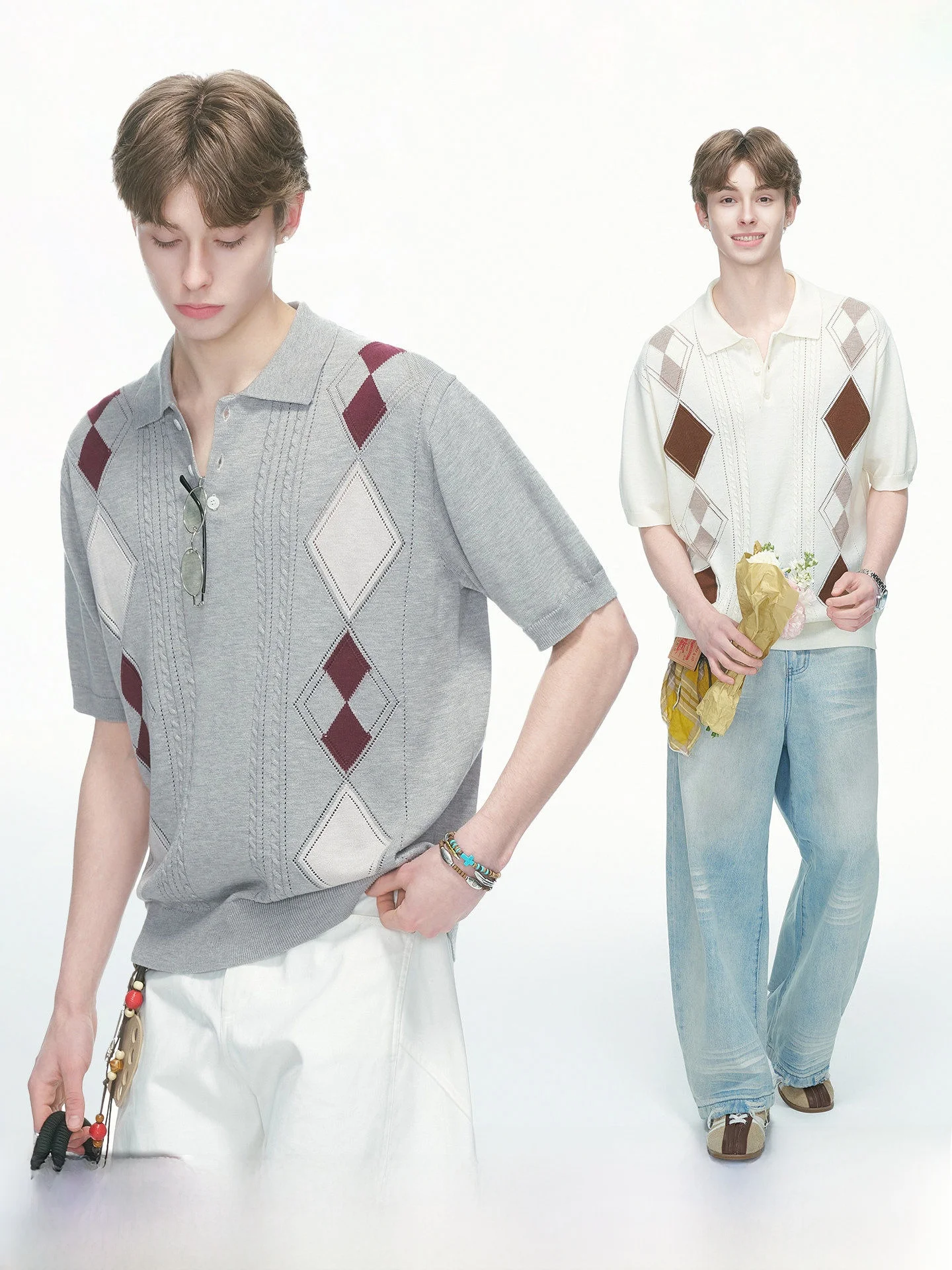 Dream Made Men's Summer Short Sleeve T-Shirt Wool Blend Knitted Hollow out Wheat Ear Pattern Loose Fit Commute Style