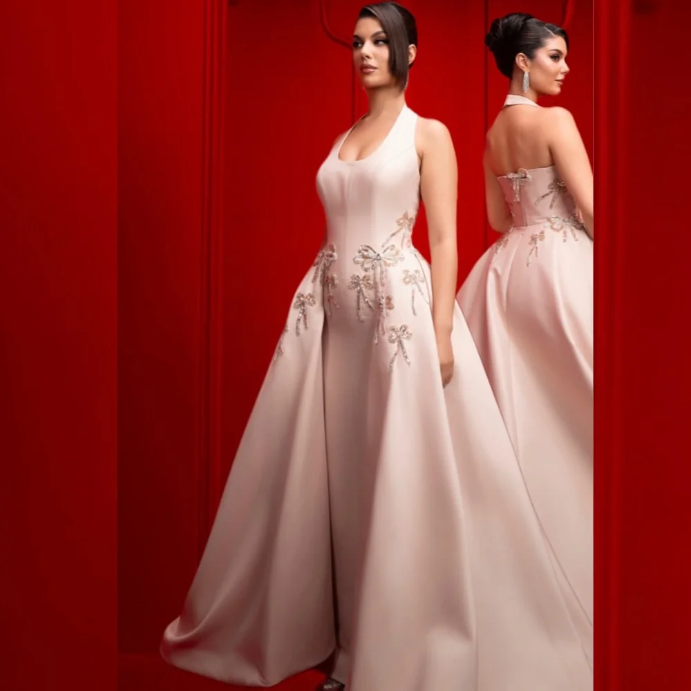 

Customized Sizes Available Jersey Sequined Pleat A-line Halter Long Dresses Bespoke Occasion Exquisite