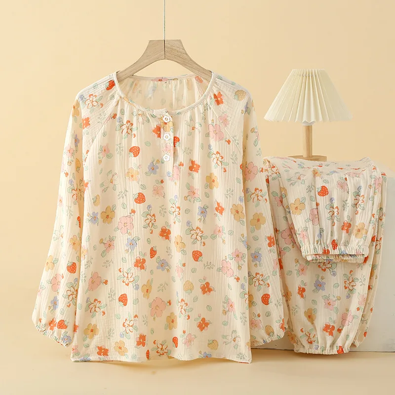 

Новый весенне-осенний женский пижамный комплект из 100% хлопка, креповый пуловер, брюки с длинными рукавами, свободный комплект из двух предметов с цветочным принтом, домашний интерьер