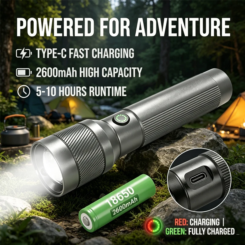 Portable Zoomable LED Flashlights 1200LM Torch Light IPX6 Waterproof Outdoor Camping Home Emergency Hand Held Lighting Lamp