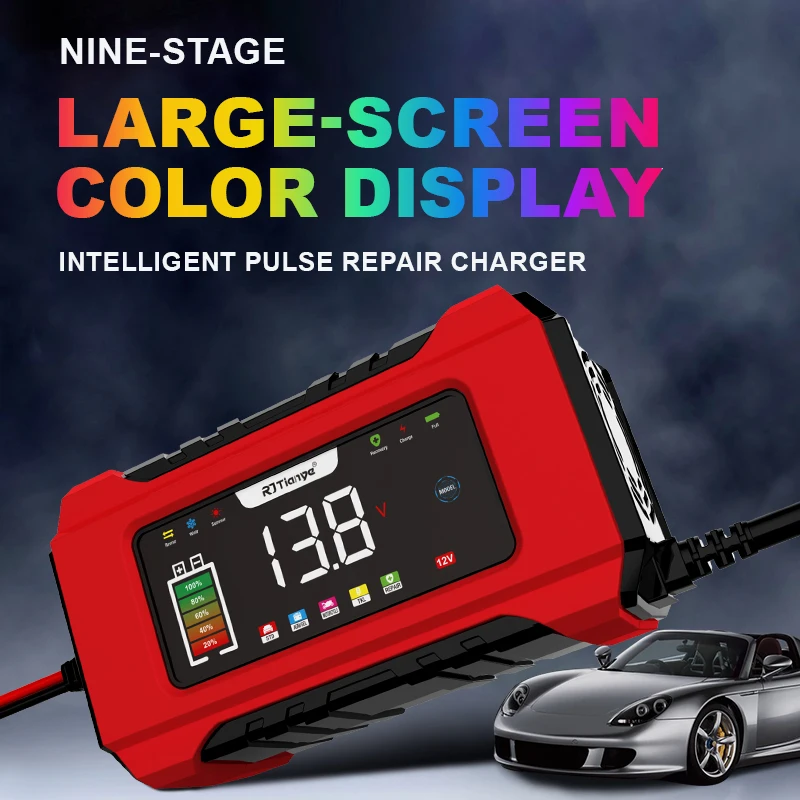 12V 6A Car Battery Charger Car and Motorcycle Battery Charging Touch Screen Device Lead-acid Battery Smart Repair LCD Display