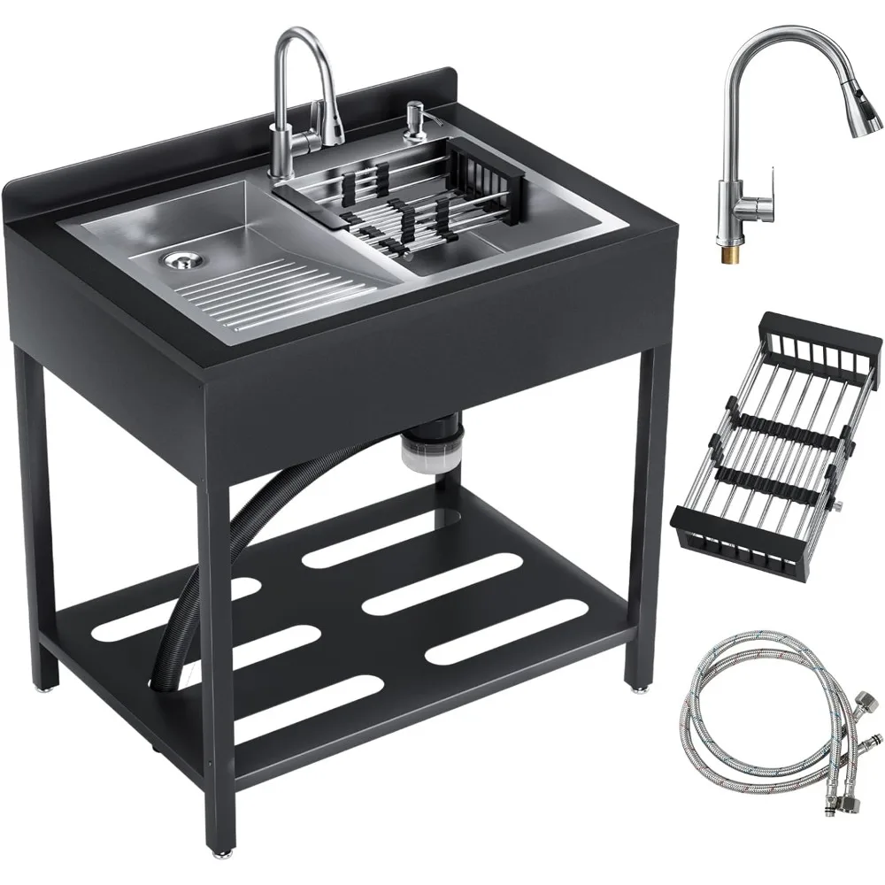 

Stainless Steel Freestanding Utility Sink with Cold and Hot Water Faucet, Commercial Kitchen outdoor Sink with Hoses and Drain K