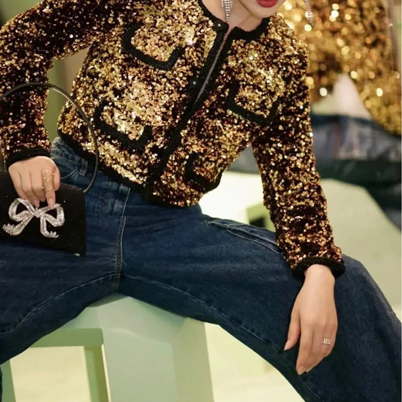 

women's new Gold Sequins long sleeve round neck short Cardigan Jacket