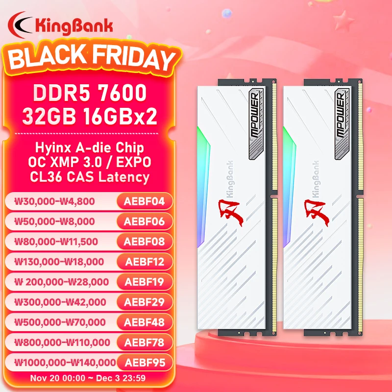

KingBank Memoria Ram RGB DDR5 16GB 7600MHz MPOWER XMP 3.0 16GBx2pcs UDIMM Desktop UDIMMRAM PC Computer Memory Hynix A Die Chip