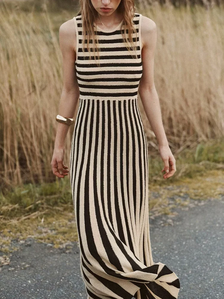 Europäischen und Amerikanischen stil herbst frauen neue mode temperament rundhals ärmelloses gestrickte gestreifte kleid