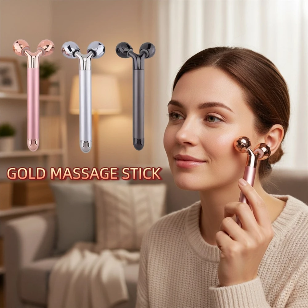 جهاز تدليك الوجه باللون الذهبي عيار 24 قيراط، قضيب تجميل الطاقة، شد الوجه، العناية بالبشرة المضادة للتجاعيد، أداة تنحيف الوجه، ثلاثة في واحد #1