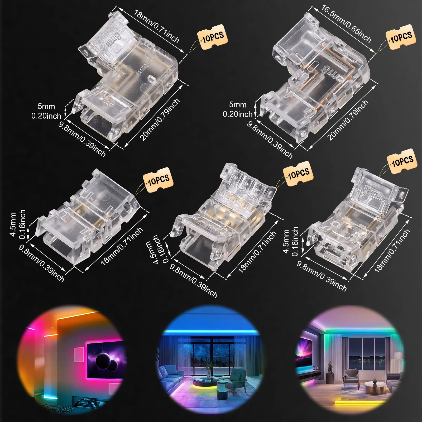 50Pcs 8mm 2Pin COB Connector L-Shaped/Corner Connectors  L-Shaped/Corner Connectors Reusable Solderless Adapter Terminal Extensi