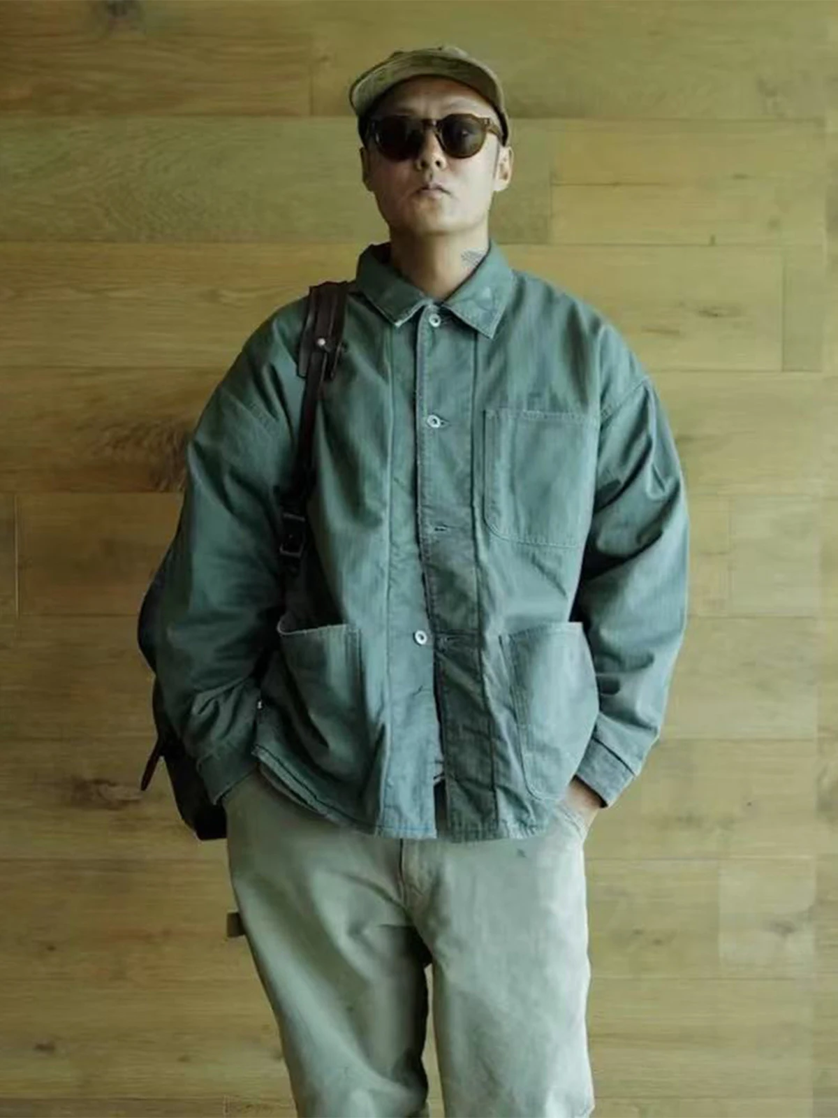 

Куртка MADN BG P47 UTILI JAE Waed в винтажном рабочем стиле, 100% хлопок, свободный крой, молодежная, с длинными рукавами, с воротником