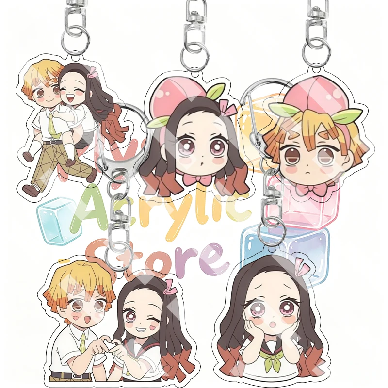 Anime Demon Slayer  School Uniform Couple Q Version Cartoon Acrylic Keychain Peripheral Agatsuma Zenitsu Kamado Nezuko Pendant