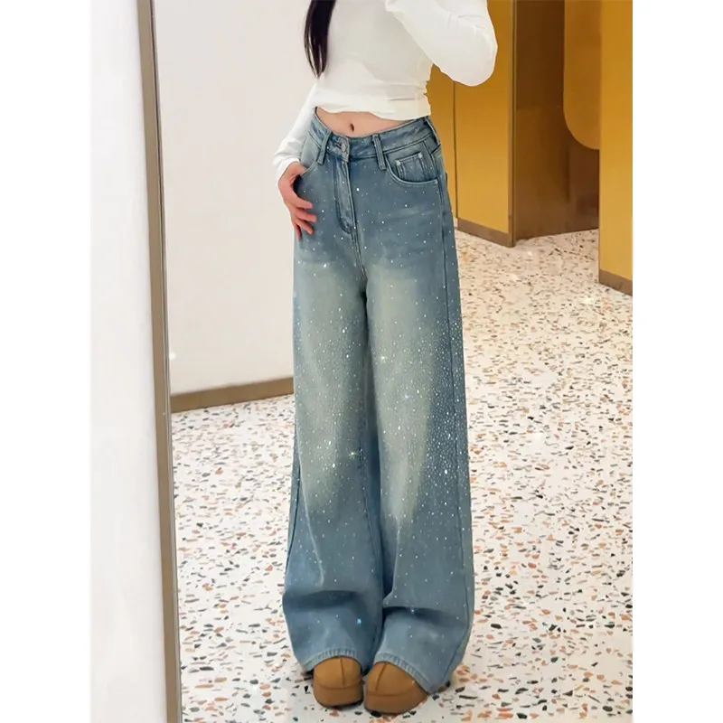 

High Waist Wide Leg Fleece Lined Floor Length Straight Cut Jeans Women's Blue Rhinestone Denim Pants Spring 2026 New Arrival