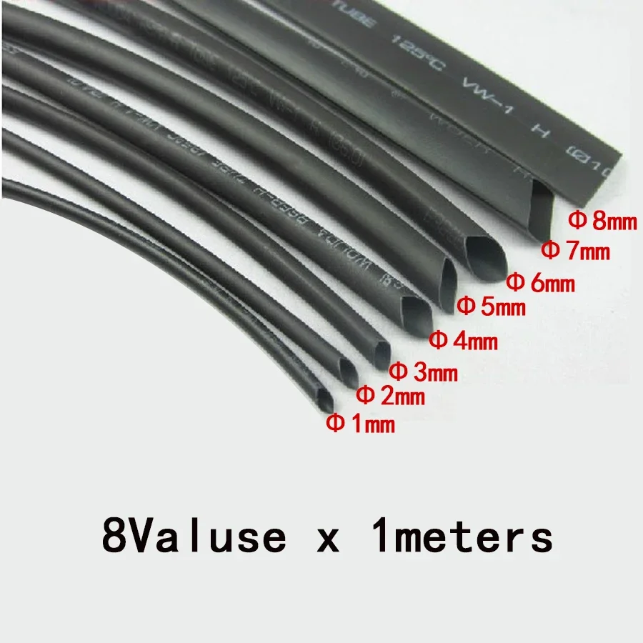 8Meter/set Thermoresistant Tube 2:1 Black Heat Shrink Heatshrink Tubing 1 2 3 4 5 6 8mm Tube Sleeving Wrap Wire DIY Connector