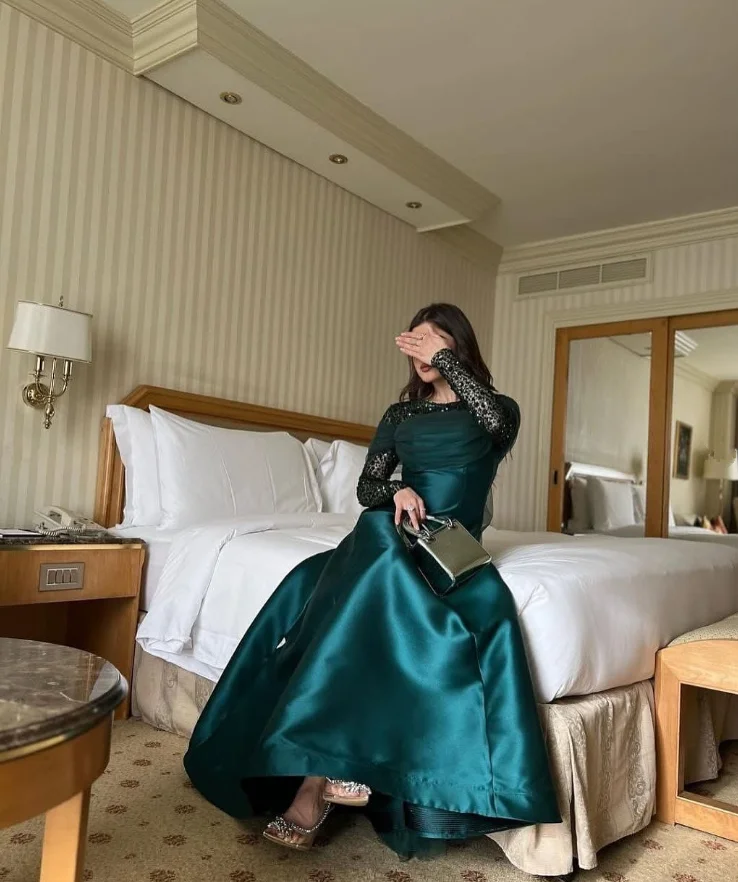 Verde esmeralda tornozelo comprimento vestidos formais de noite manga longa gillter a linha baile de formatura gala vestido de festa personalizado jérsei sob medida