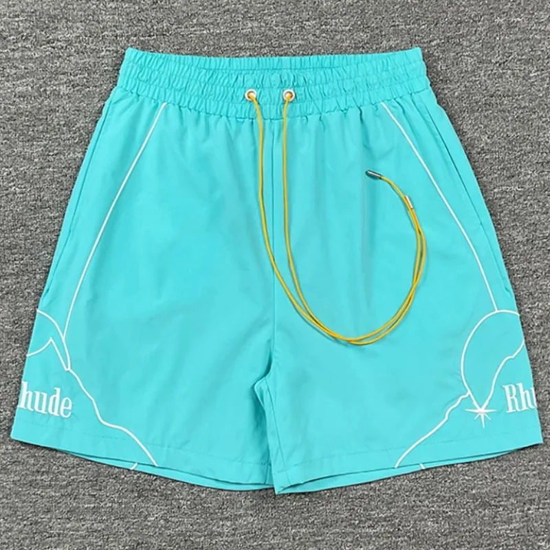 New Arrival RHUDE Hip Hop Loose Shorts Turquoise Star Graphic Yellow Drawcord Lightweight Summer Streetwear Beach Short Pants