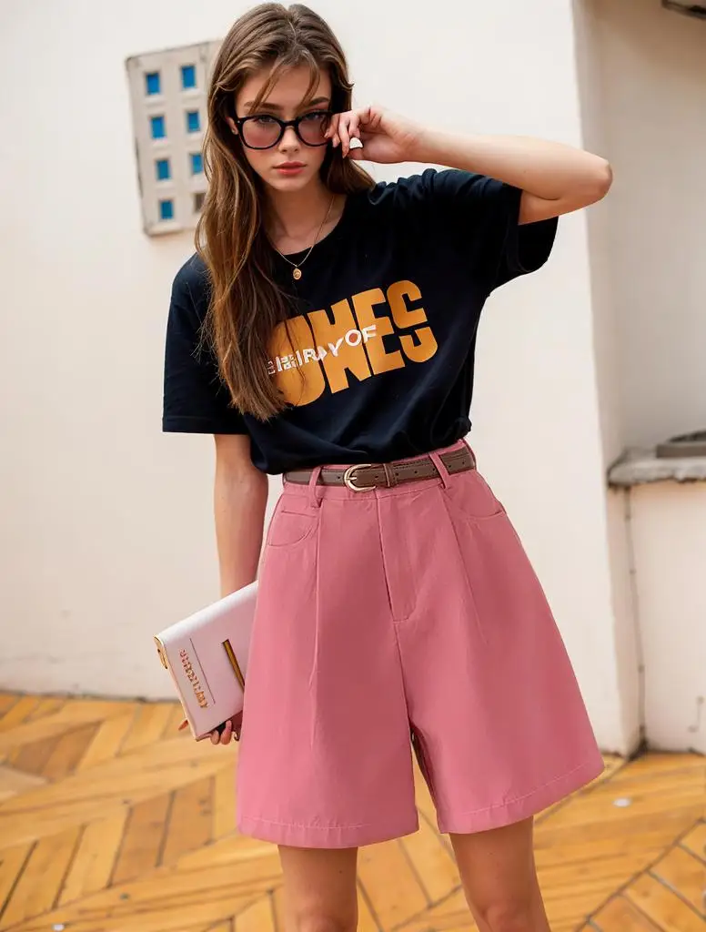 Pink Loose Knee Length Women Summer Cargos Shorts With Belt High Waist Wide Leg Capris Trousers Casual Bermuda