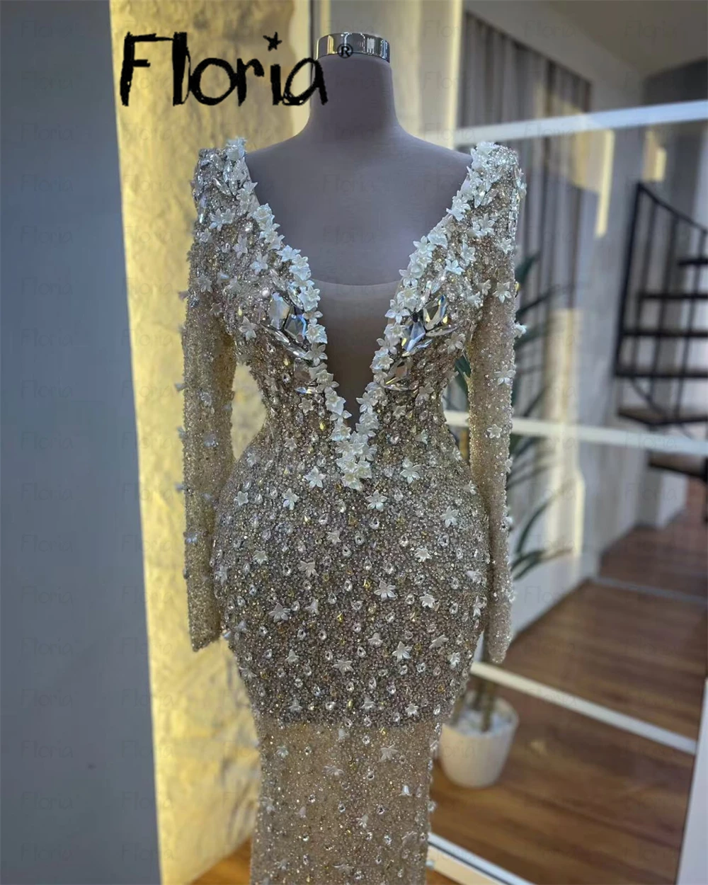 Sparkly Beading Deep V Neck Champagne Evening Dress Customized Bridesmaid Wedding Night Prom Gowns Elegant Celebrity Party Dress