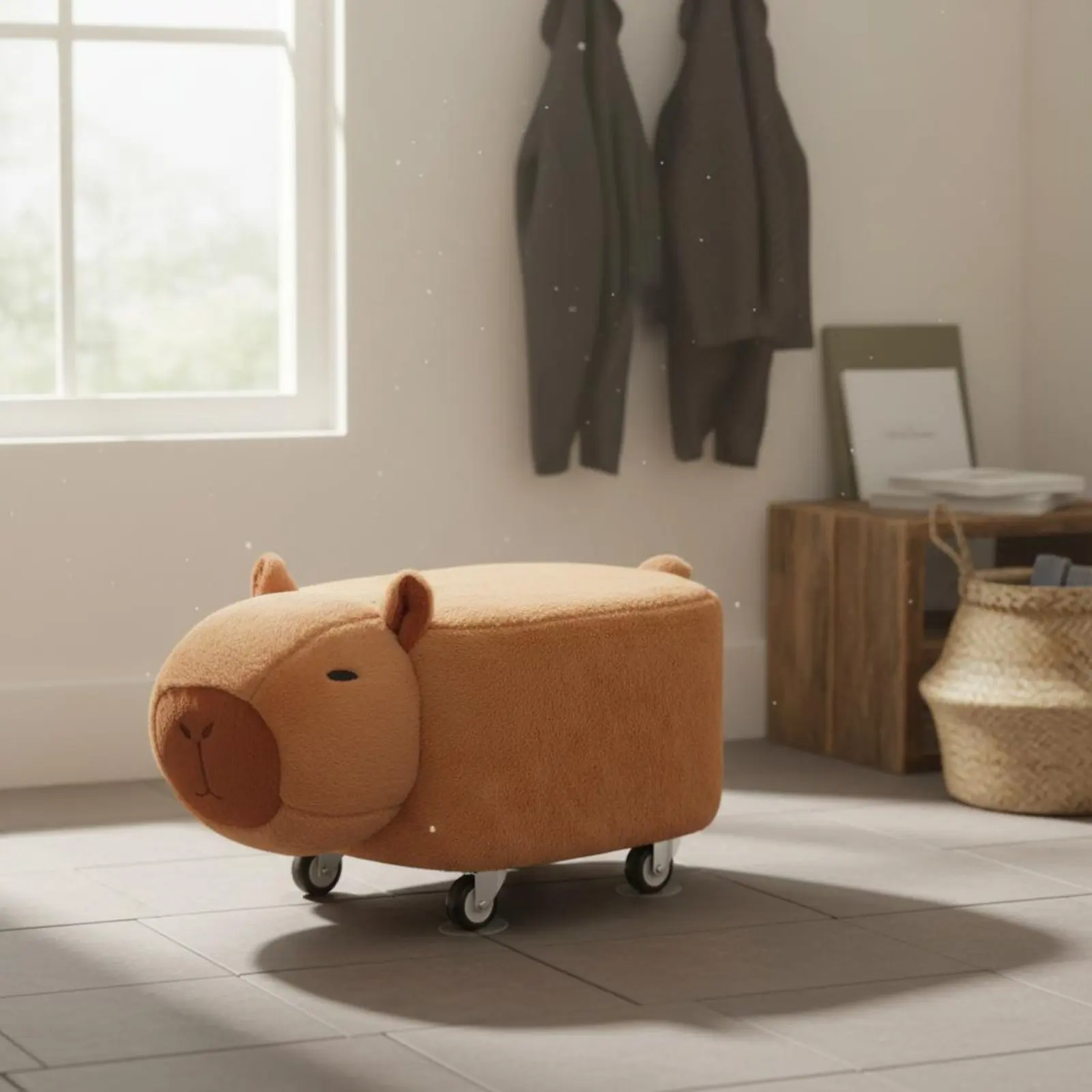 Capybara Foot Stool Wheeled Capybara Stool Creature Ottoman Seat Soft Soft Fabric Cover Space Saving for Children, Living Room