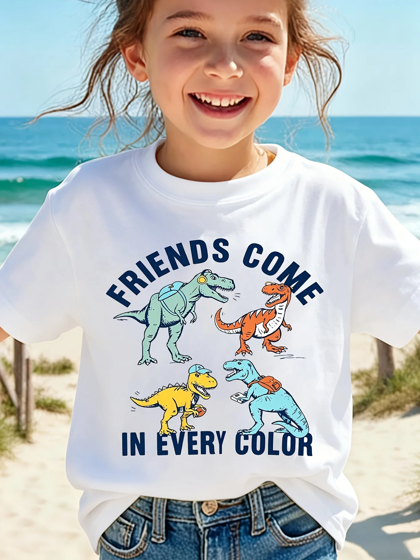Cute Friends Come In Every Color Dinosaur Graphic Family Matching T Shirt Boys Girls Short Sleeve Tees Parent Kid Summer Tops