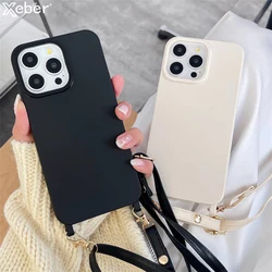 Crossbody Leather PU Chain Lanyard Necklace Soft Silicone Case For iPhone 16 15 11 12 13 14 Pro Max XS X Plus Solid Color Cover