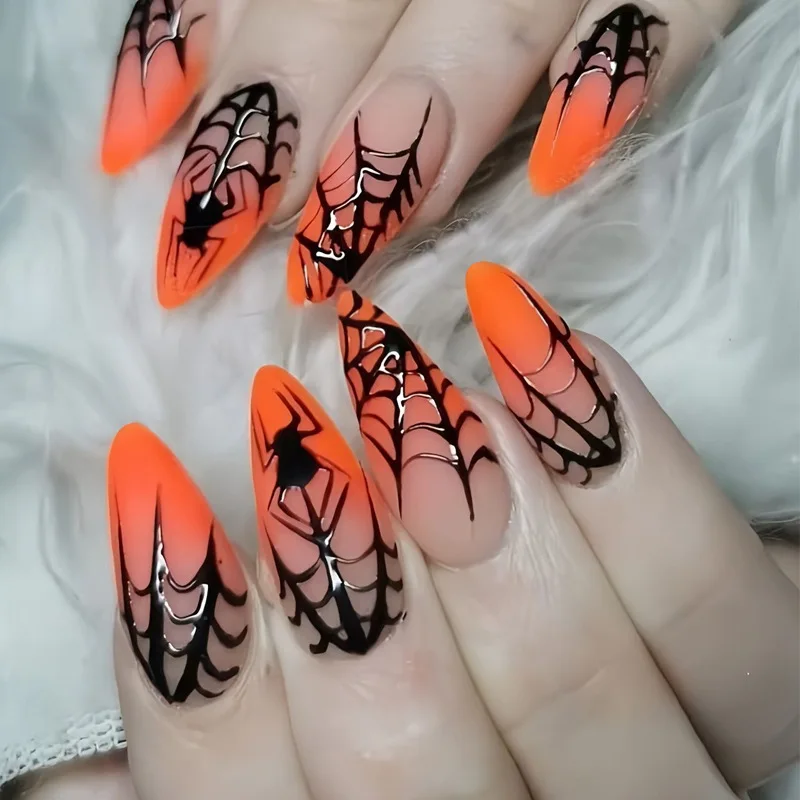 1 set arancione sfumato ragnatela design unghie finte Halloween gotico punk punte per unghie finte da donna indossabili stampa di mandorle sulle unghie