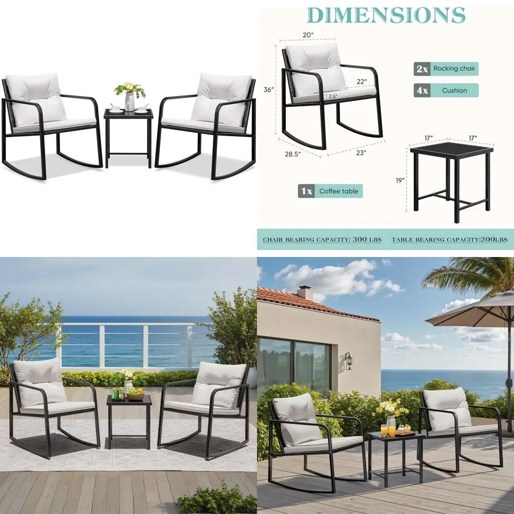 

3-Piece Rocking Wicker Patio Bistro Set with Porch Chairs and Glass Coffee Table for Outdoor Conversation