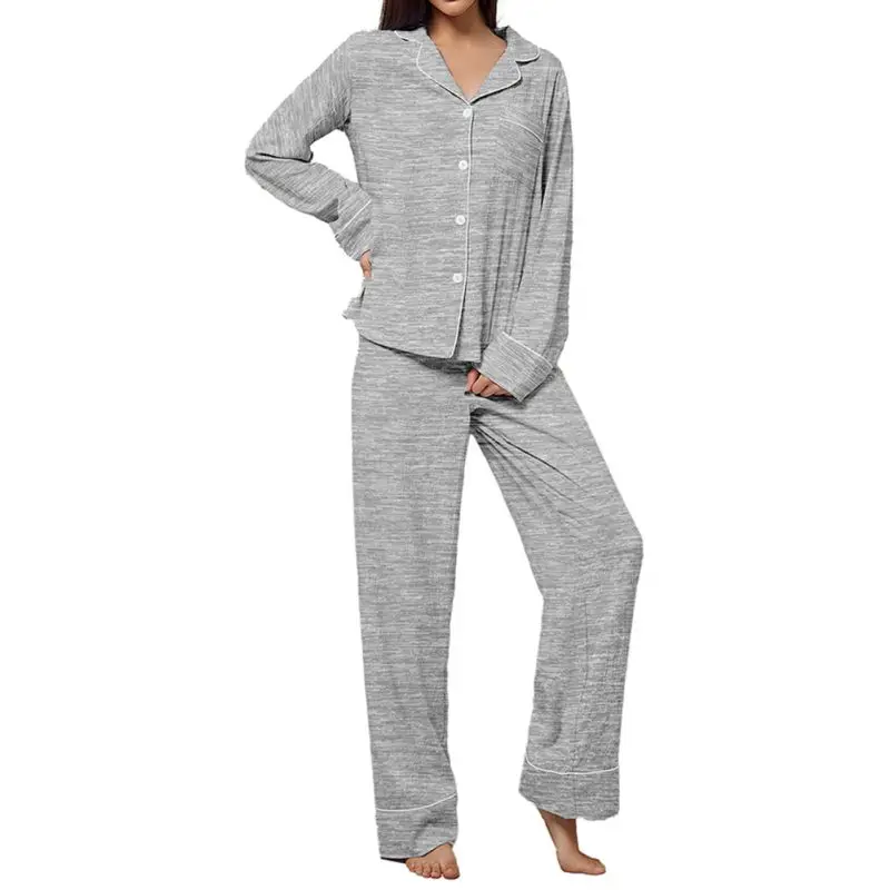 

Women Long-sleeved Turn-down Collar Tops Long Trousers Pajamas Set Female Sleep Wear Two-piece Suit for Homewear