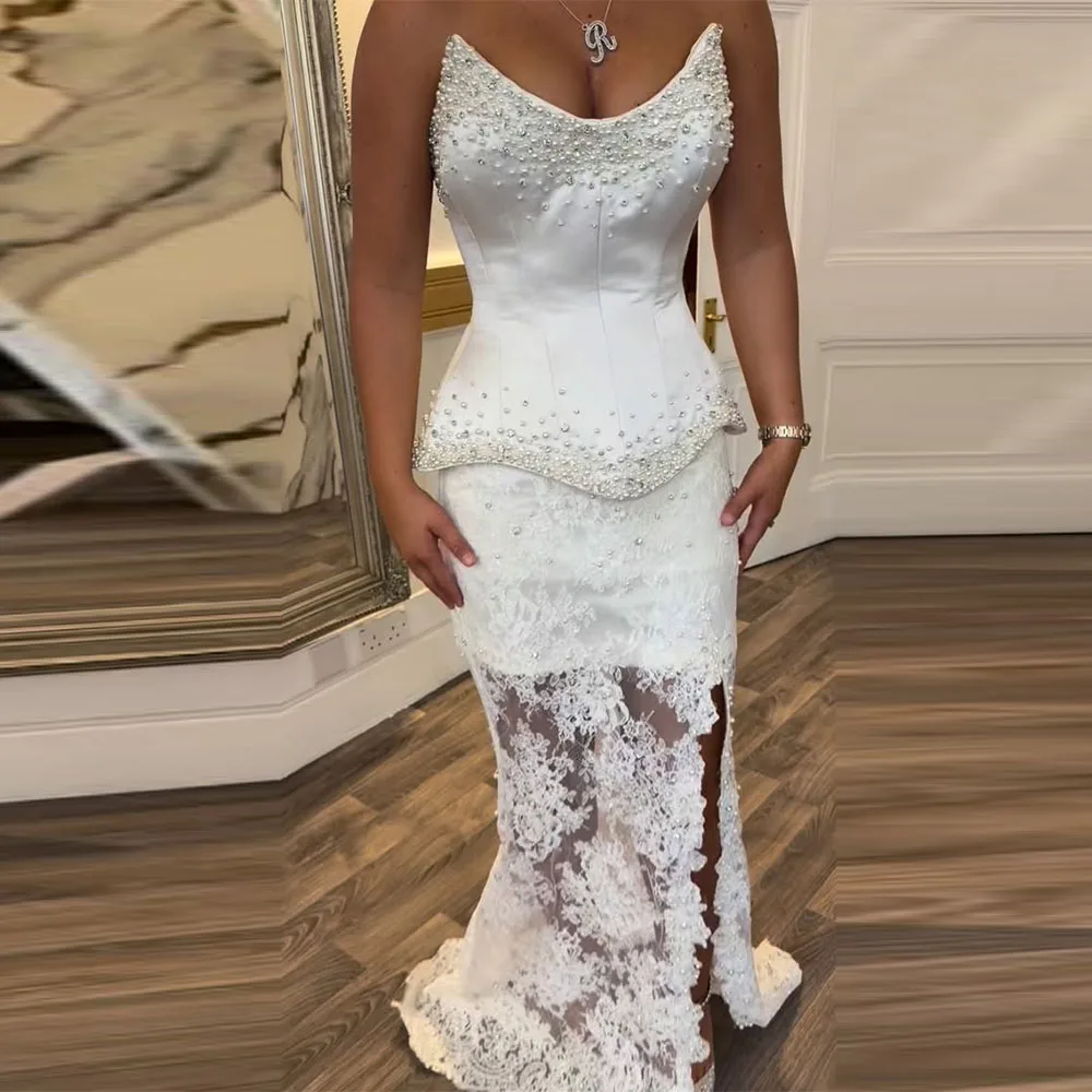 Zweiteiliges Brautkleid im Meerjungfrau-Stil aus elfenbeinfarbenem Satin, trägerlos, mit Perlen verziert, bodenlange Brautkleider für Bräute, Saum, Spitzen-Brautkleid