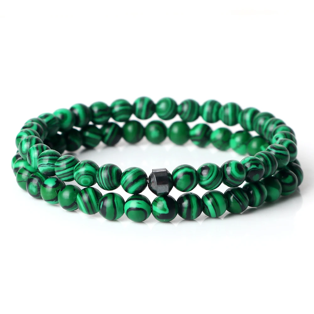 2Pcs/set Cylinder Hematite Bracelet Natural Green Malachite Stone Beaded Energy Bangles Women Men Elastic Strand Jewelry Homme