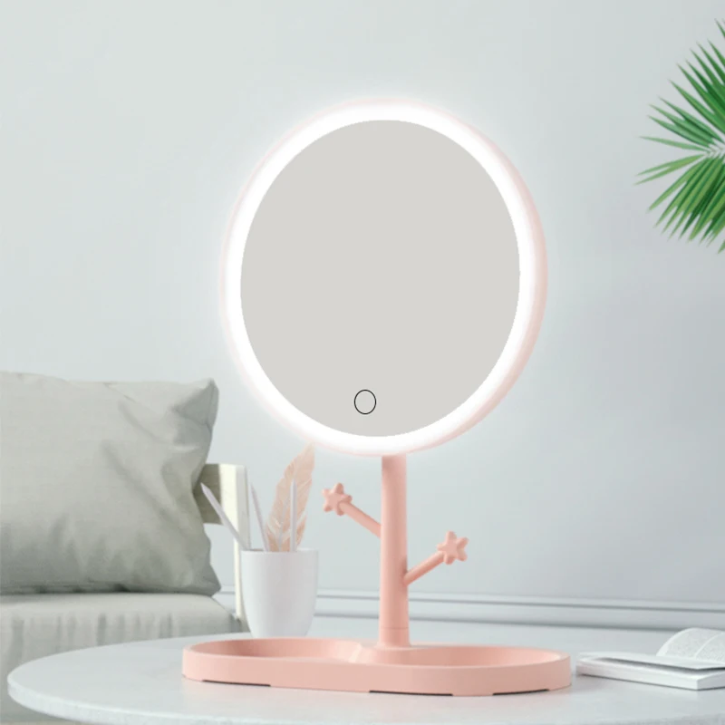 

E2 LED Makeup Mirror With Light Ladies Makeup Lamp With Storage Desktop Rotating Mirror Round Shape Cosmetic Mirrors Girl Gift