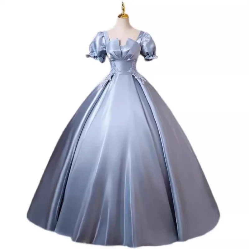 Blauwgrijze satijnen avondjurk met vrouwelijk temperament, verjaardagsfeestje, coming of age-ceremonie, lange rok, A-lijn afslankjurk