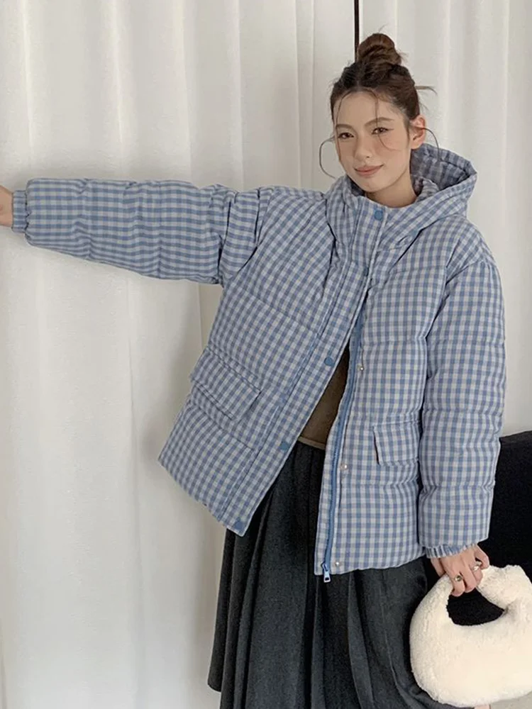 

Vintage Blue Plaid Warm Parkas Women Harajuku Hooded Winter Long Sleeve Puffy Coats Casual Y2K Female Loose Retro Cotton Jacket